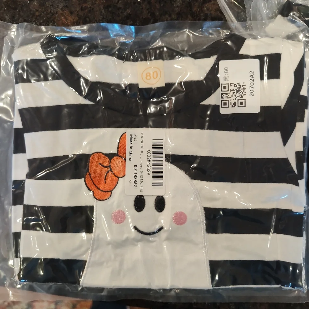 Younger Tree 6-12 Mo. Black & White Striped Ghost One-Piece with Orange Bow - Picture 2 of 3